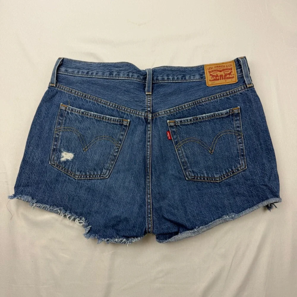 Levi's 501 Original Cut Off Shorts Women Size 33 Blue Distressed Denim High Rise